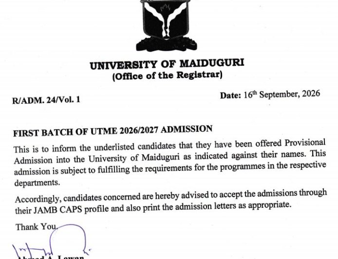 University of Maiduguri Releases First Batch of UTME 2026/2027 Admission List