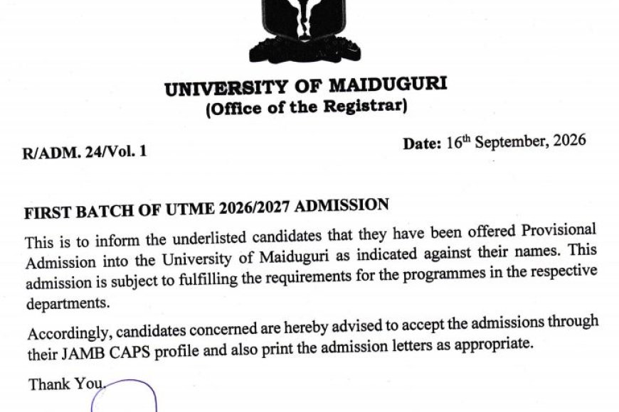University of Maiduguri Releases First Batch of UTME 2026/2027 Admission List
