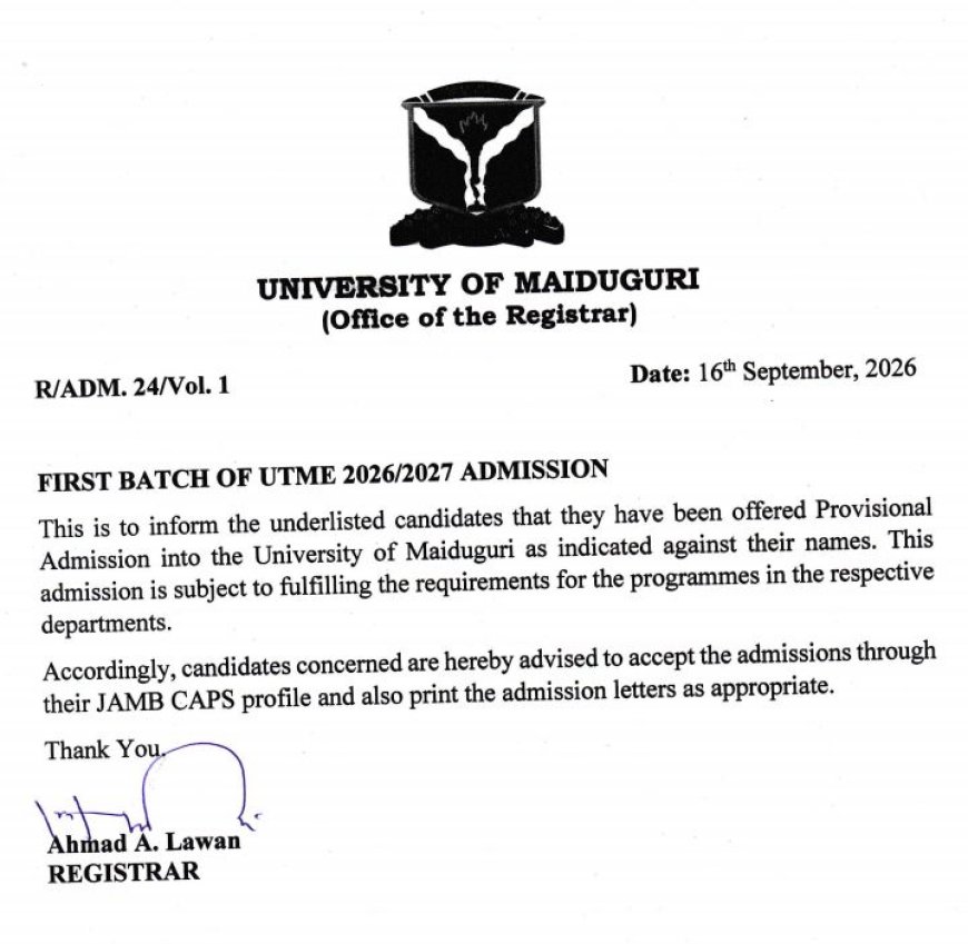 University of Maiduguri Releases First Batch of UTME 2026/2027 Admission List